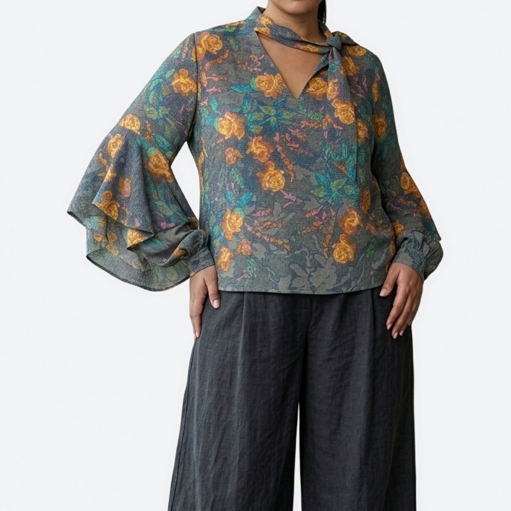 BCBGMAXAZRIA Floral Blouse Gray‎ Bell Sleeve Tie Neck Boho Chic Top 0X L